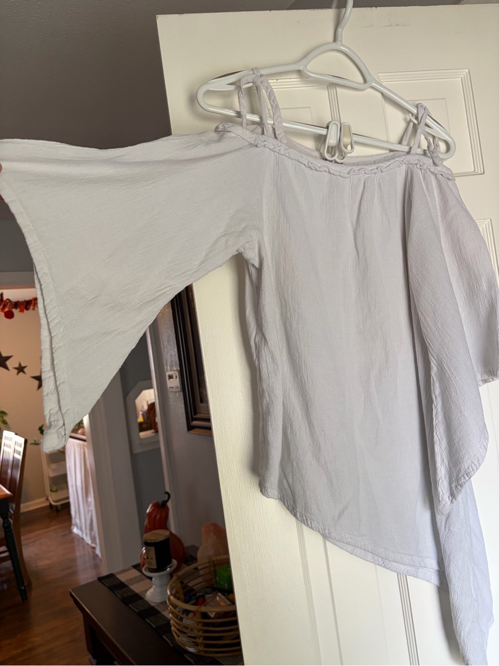 Oh My Gauze! Light Gray Off-Shoulder Blouse with Asymmetric Hem